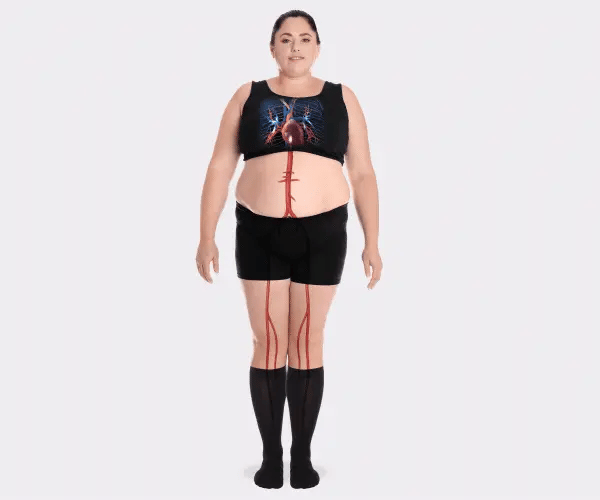 Woman wearing knee-high compression socks with blood circulation overlay